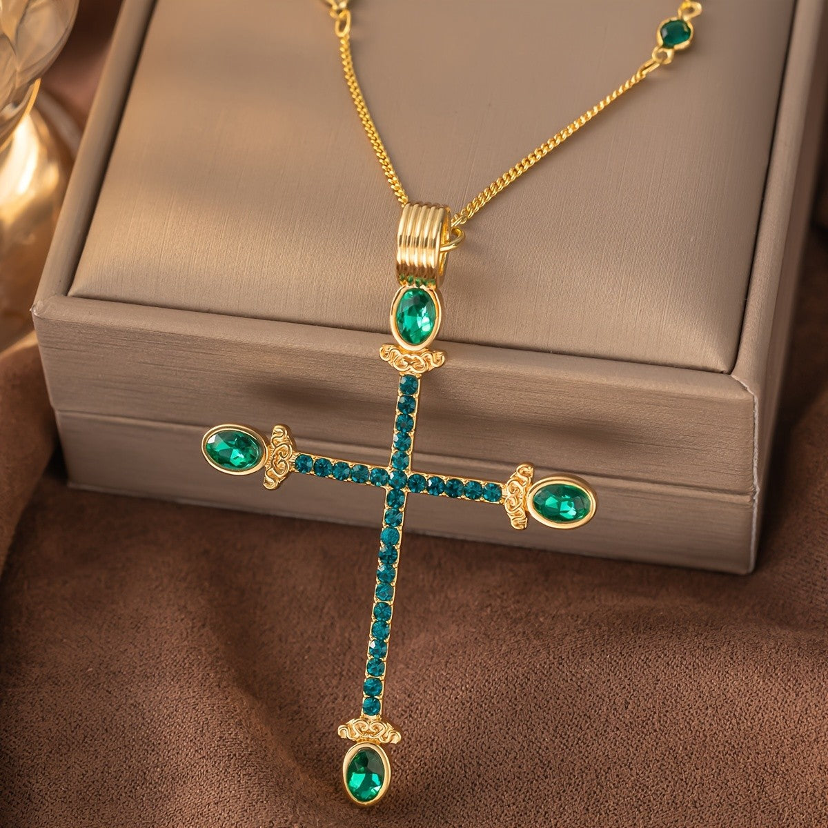 Vintage Green Rhinestone Cross Necklace
