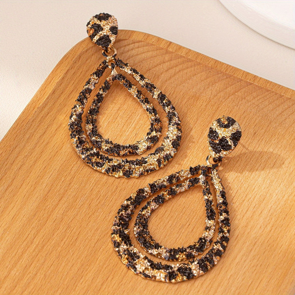Leopard Print Double Teardrop Drop Earrings