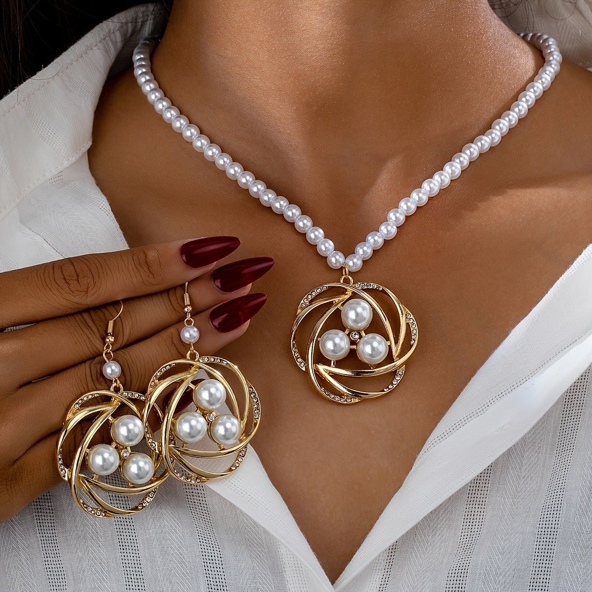 Elegant Swirl Pearl Necklace and Earring Set