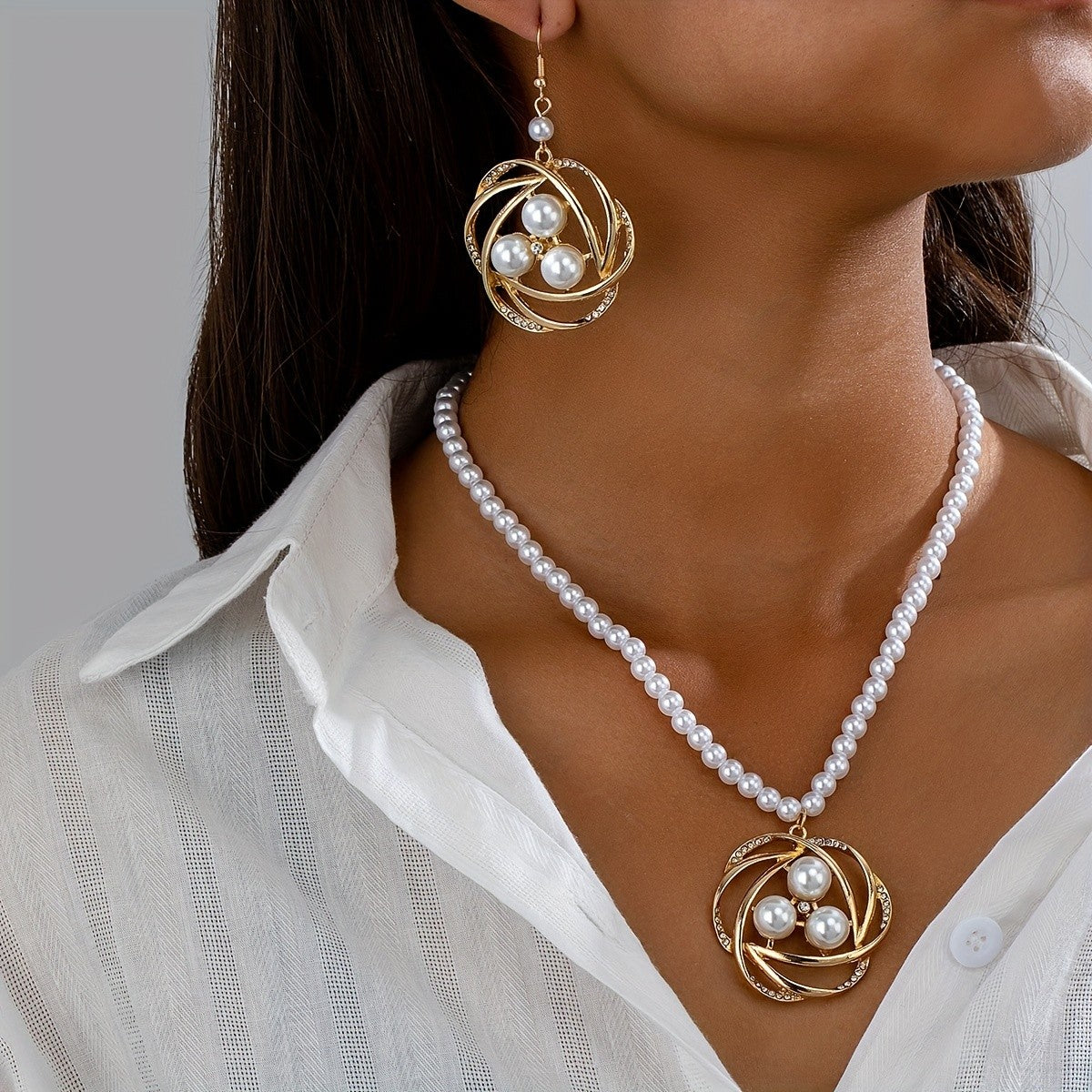 Elegant Swirl Pearl Necklace and Earring Set