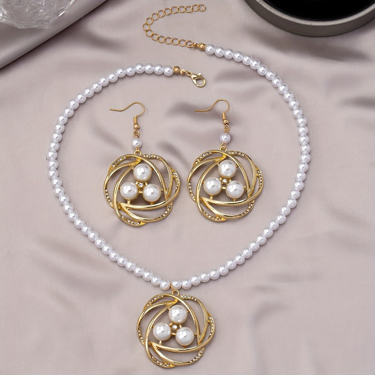 Elegant Swirl Pearl Necklace and Earring Set