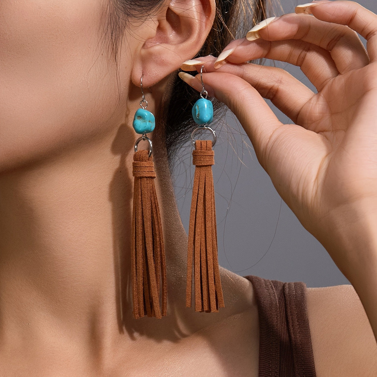 Boho Turquoise Suede Tassel Earrings