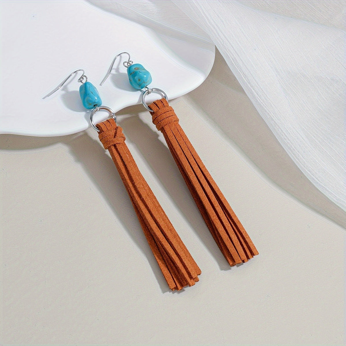 Boho Turquoise Suede Tassel Earrings
