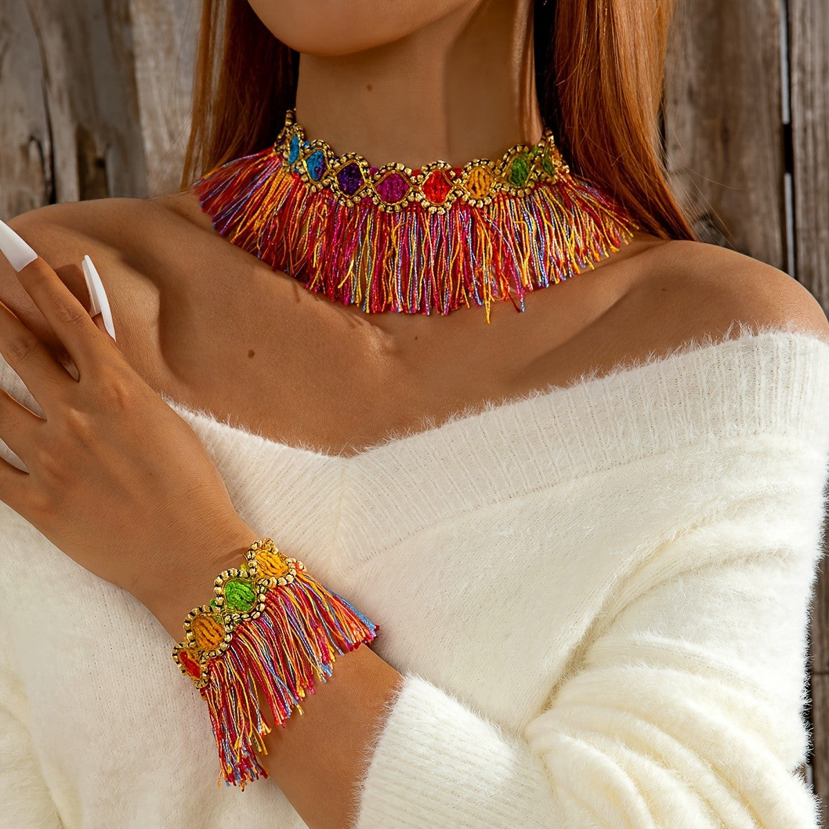 Boho Colorful Gem Tassel Necklace and Bracelet Set