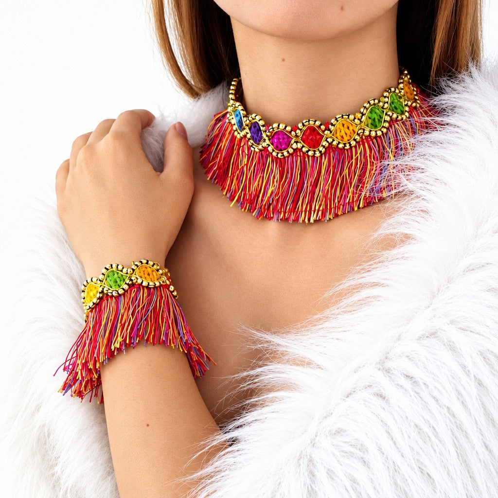 Boho Colorful Gem Tassel Necklace and Bracelet Set