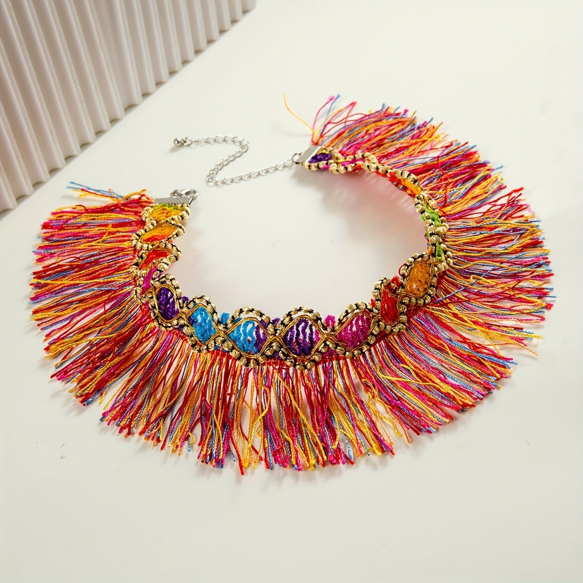 Boho Colorful Gem Tassel Necklace and Bracelet Set