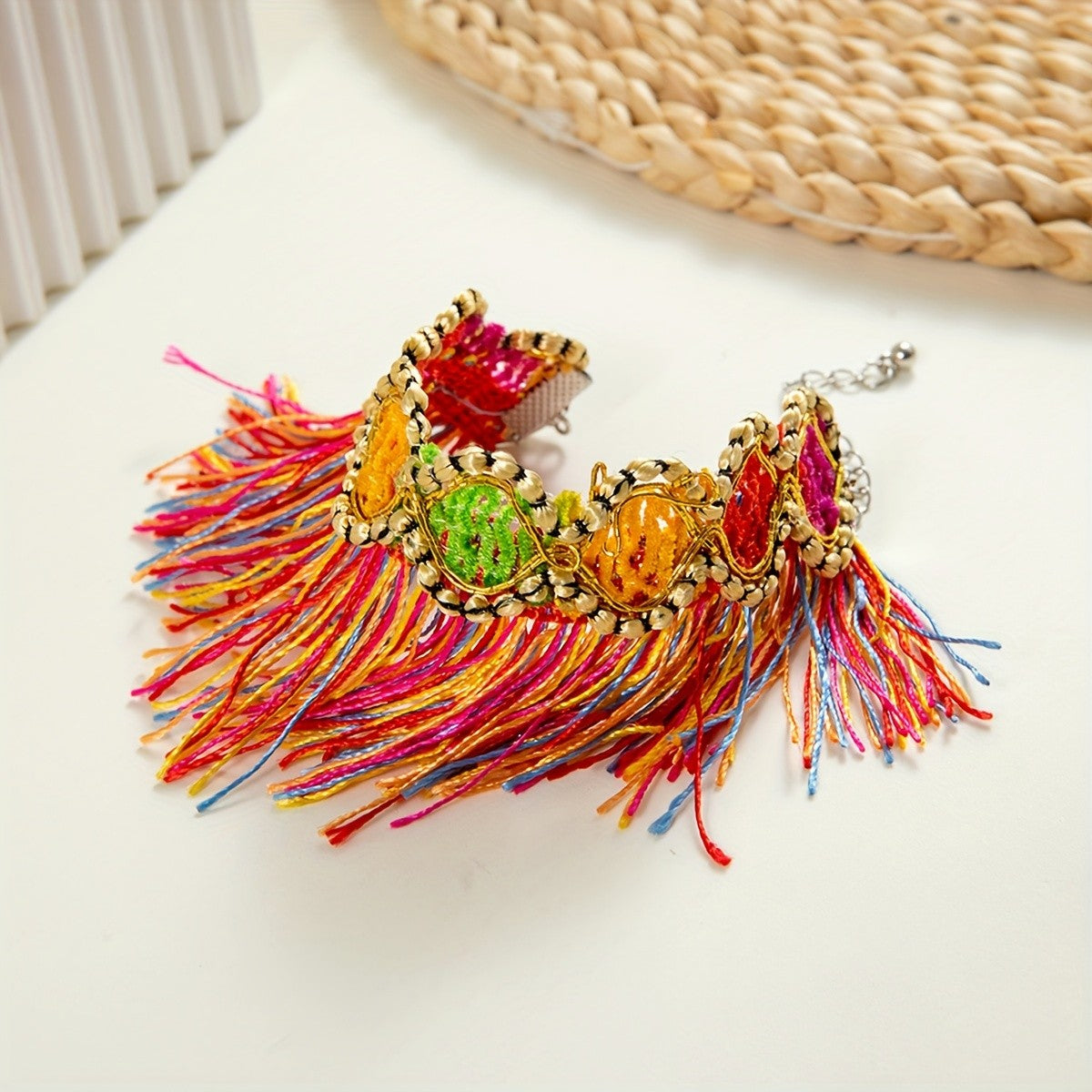 Boho Colorful Gem Tassel Necklace and Bracelet Set