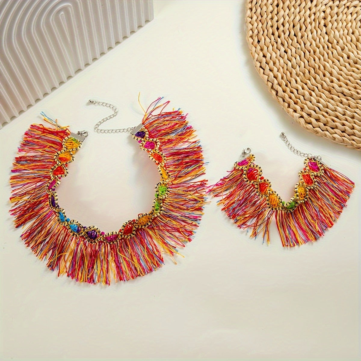Boho Colorful Gem Tassel Necklace and Bracelet Set