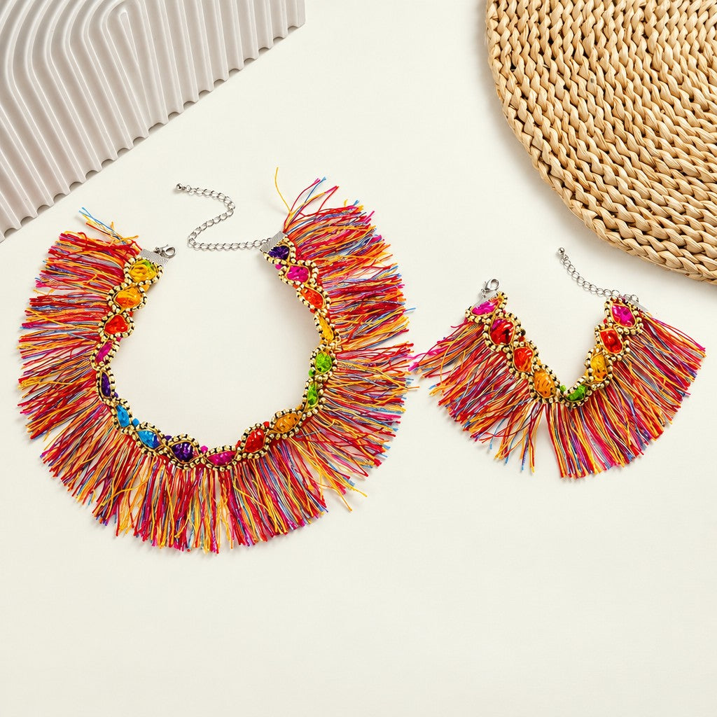 Boho Colorful Gem Tassel Necklace and Bracelet Set
