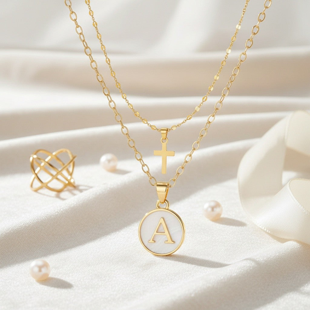 18k Dainty Initial Cross Necklace Set