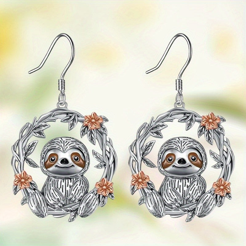 Cute Sloth Floral Wreath Dangle Earrings