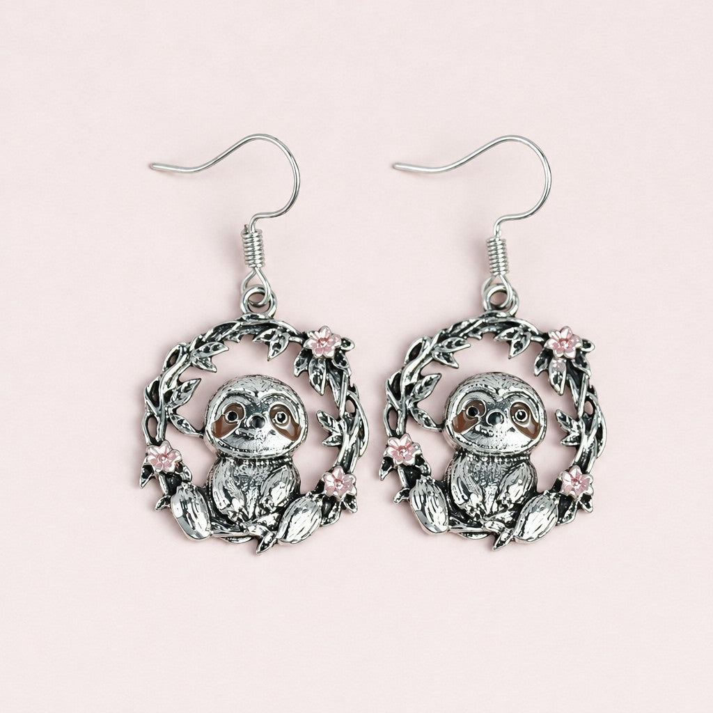 Cute Sloth Floral Wreath Dangle Earrings