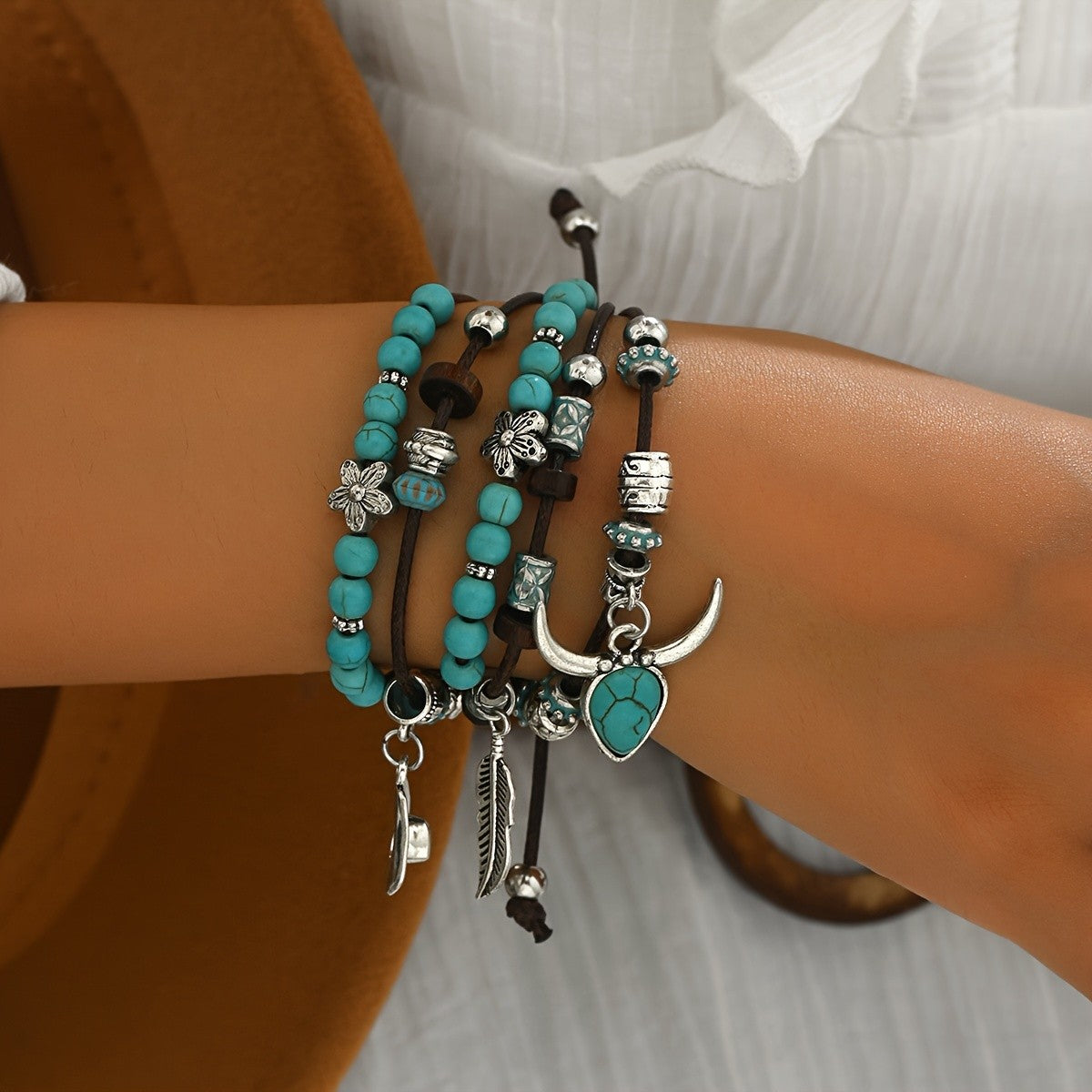 Boho Multi-Strand Turquoise Feather Bracelet