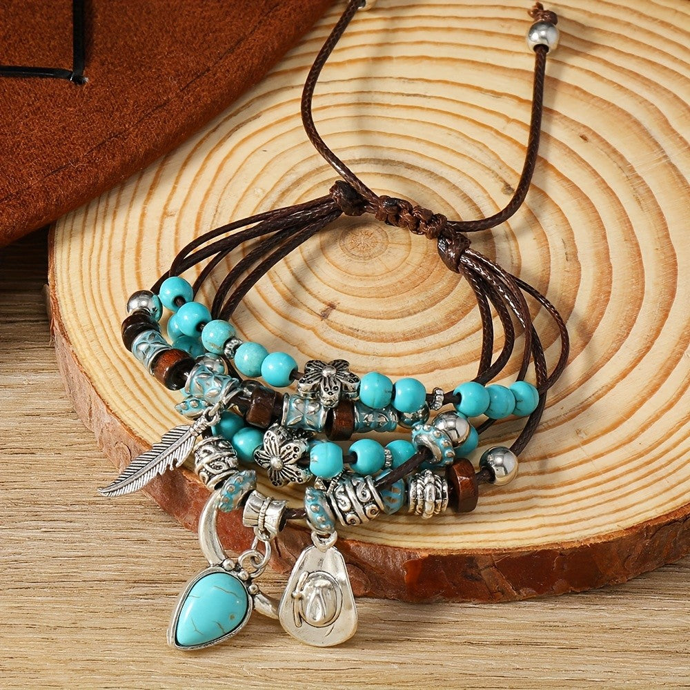 Boho Multi-Strand Turquoise Feather Bracelet