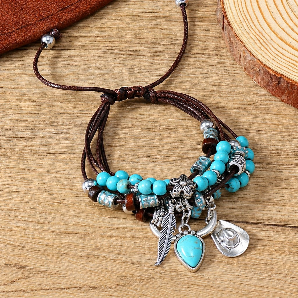 Boho Multi-Strand Turquoise Feather Bracelet