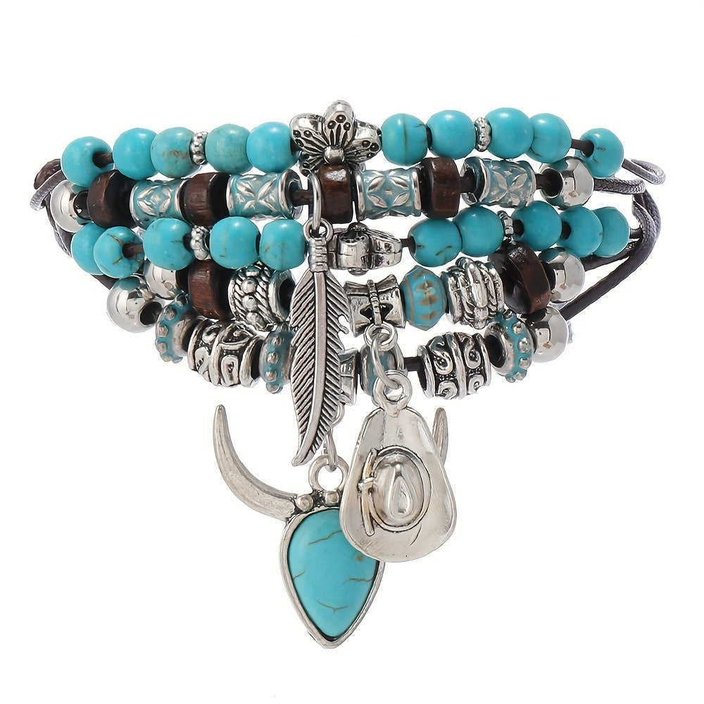 Boho Multi-Strand Turquoise Feather Bracelet