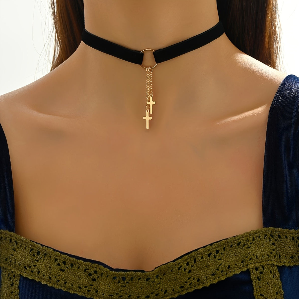 Dainty Double Cross Choker Necklace
