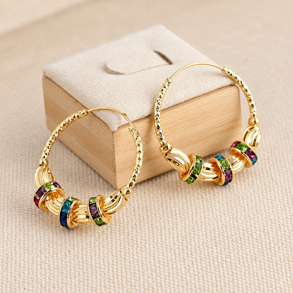 18k Elegant Multicolor Gemstone Hoop Earrings