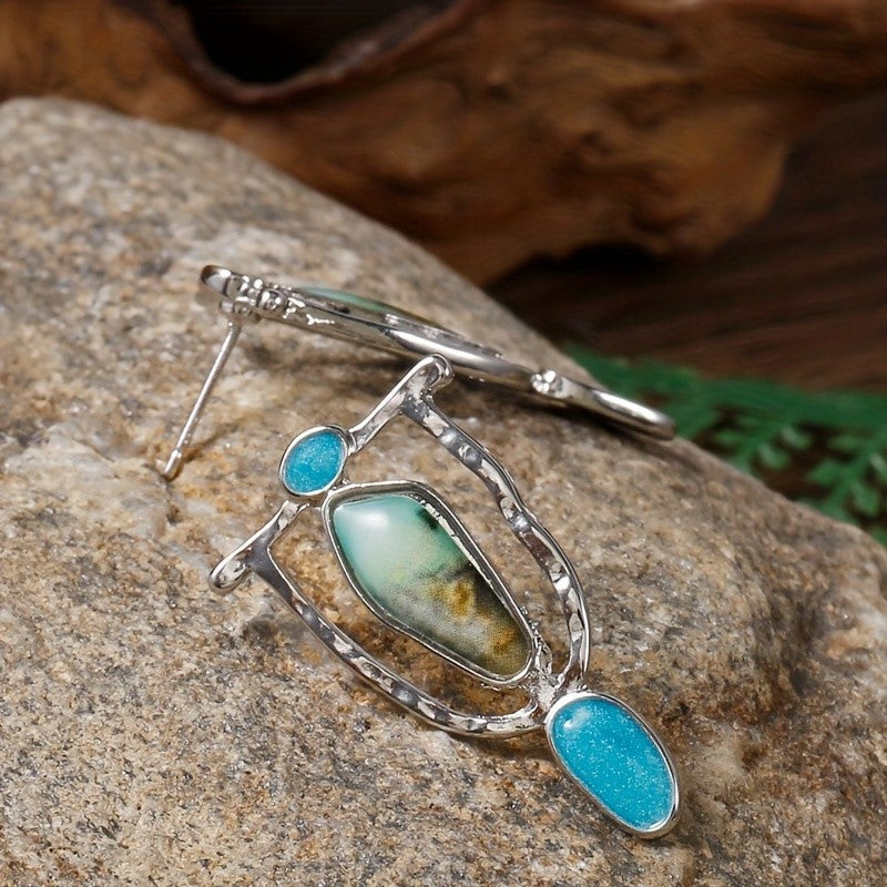 Boho Marbled Teal Asymmetric Drop Earrings
