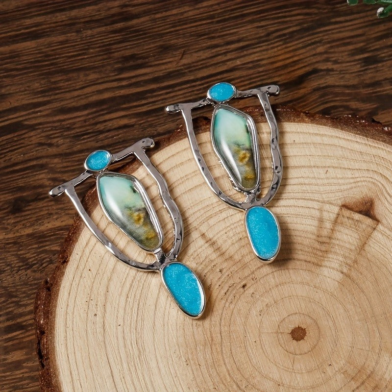 Boho Marbled Teal Asymmetric Drop Earrings