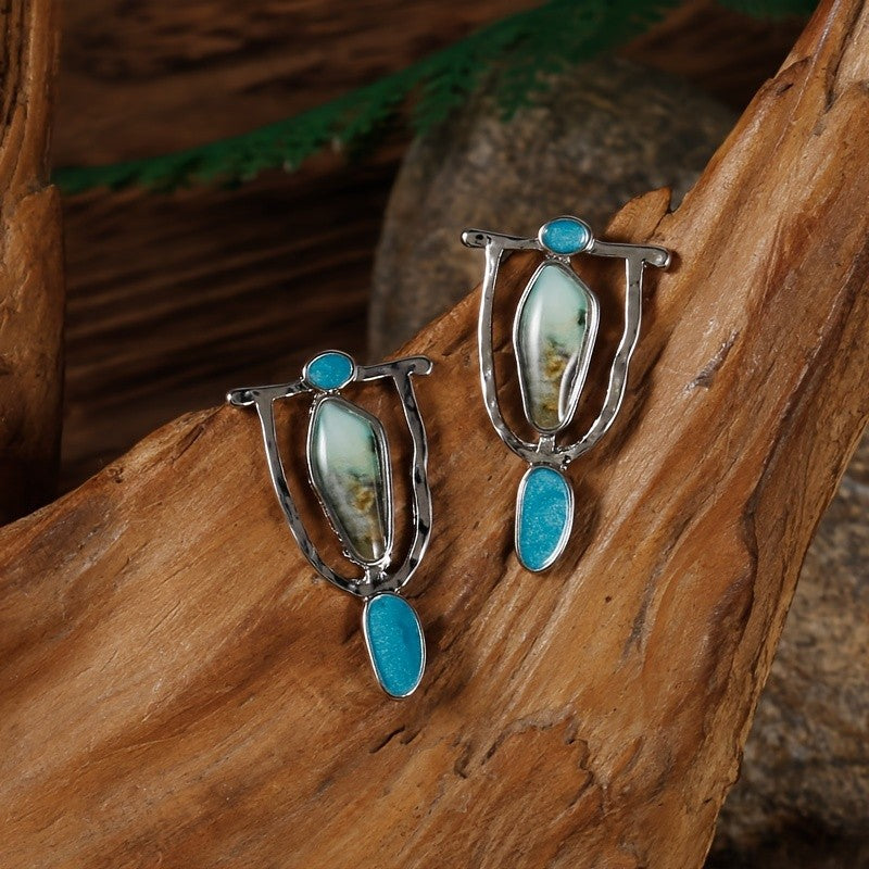Boho Marbled Teal Asymmetric Drop Earrings