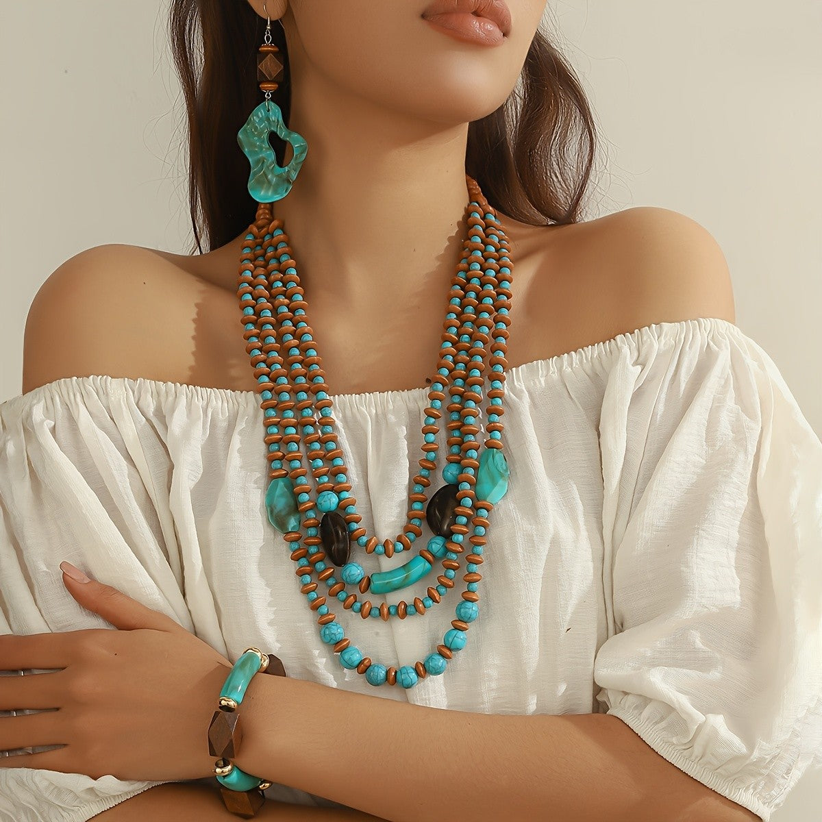 Boho Vintage Turquoise Multi-Strand Necklace Set