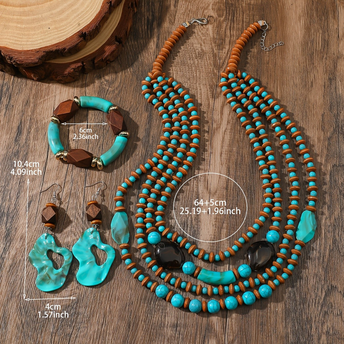 Boho Vintage Turquoise Multi-Strand Necklace Set