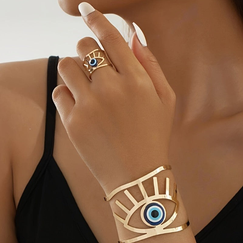 2pc Boho Evil Eye Ring Bracelet Set