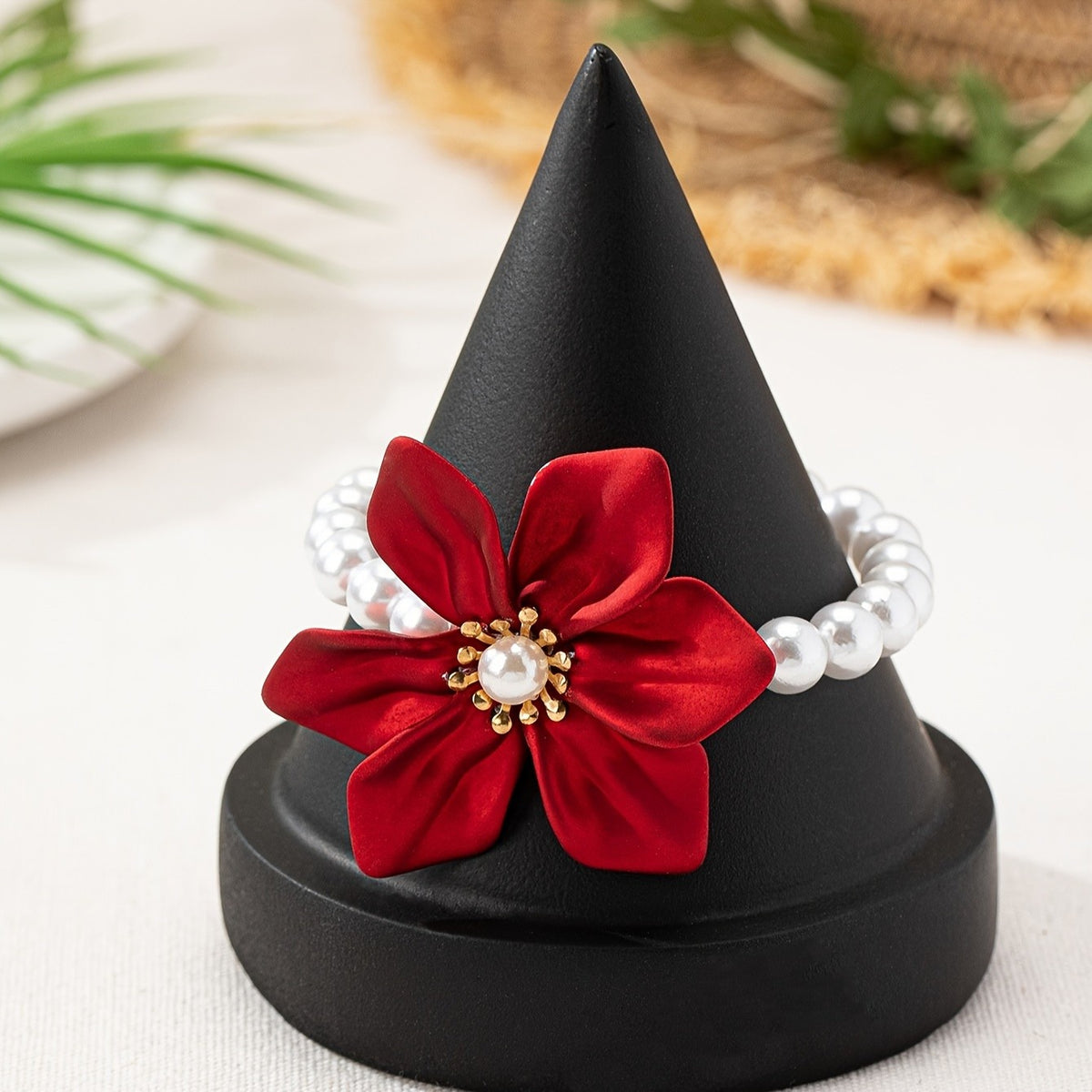 Elegant Red Satin Flower Pearl Bracelet