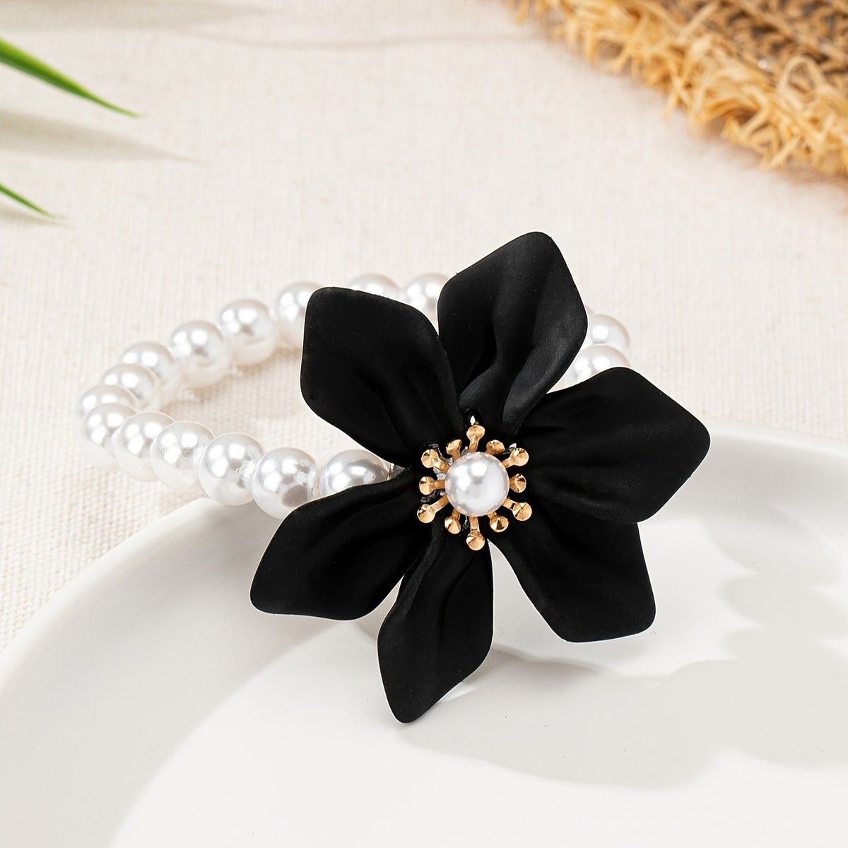 Elegant Red Satin Flower Pearl Bracelet
