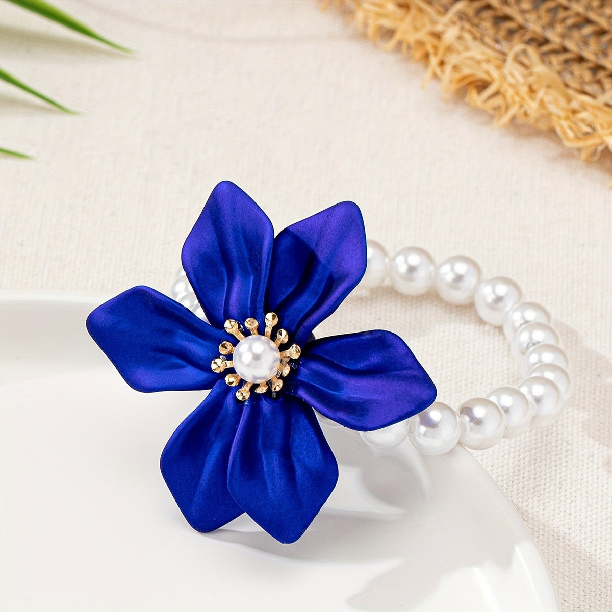 Elegant Red Satin Flower Pearl Bracelet
