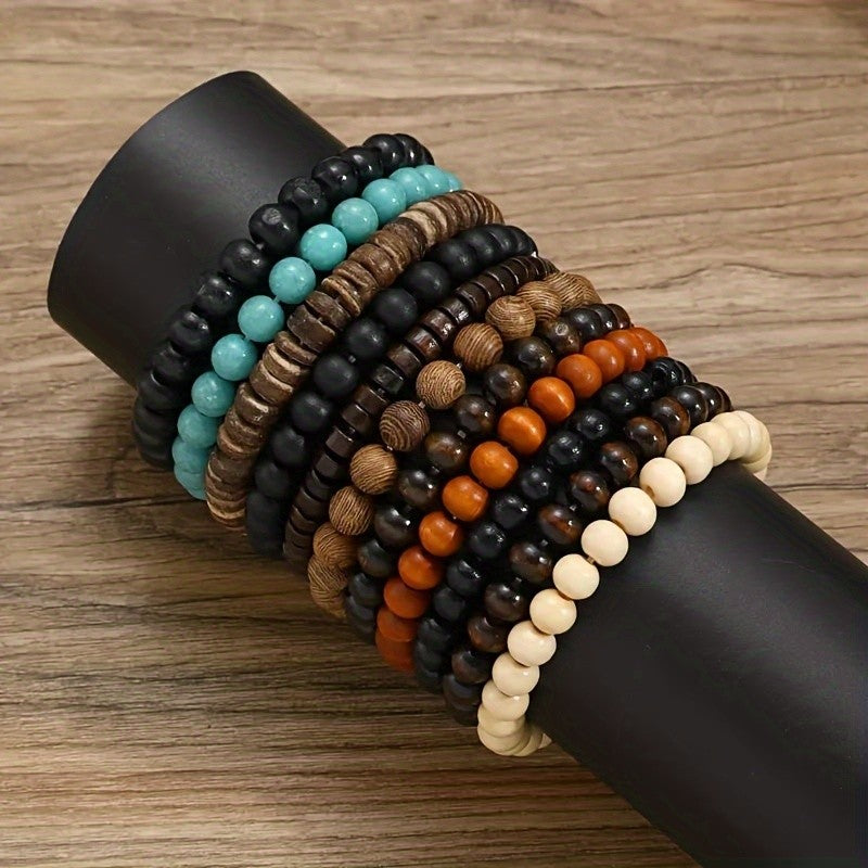 11pc Vintage Mixed Wood Bead Bracelet Set
