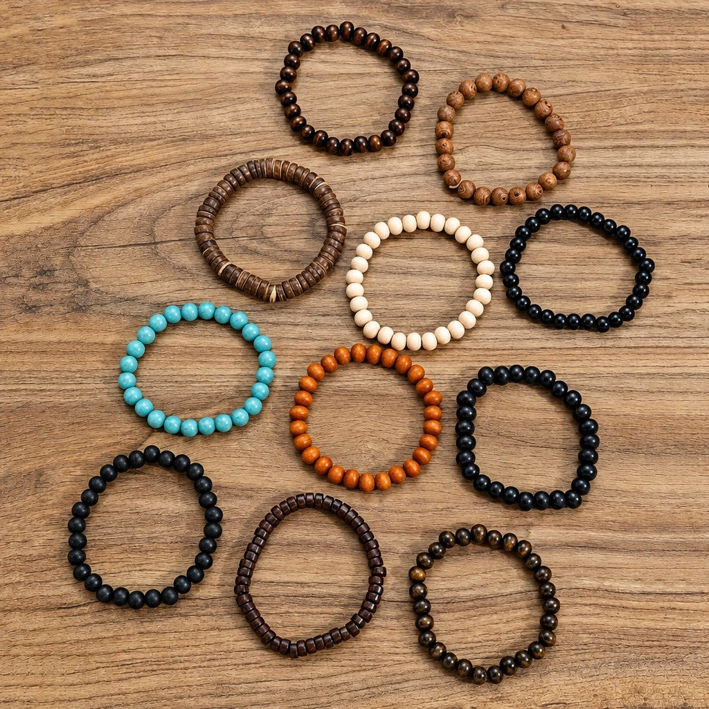 11pc Vintage Mixed Wood Bead Bracelet Set