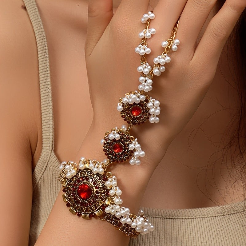 Vintage Inspired Red Flower Faux Pearl Finger Bracelet