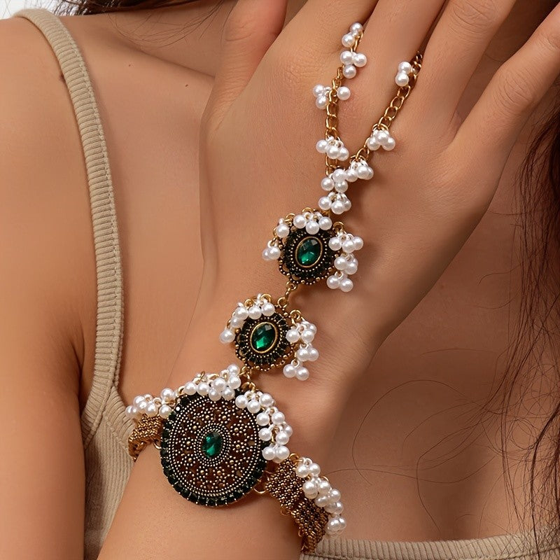 Vintage Inspired Red Flower Faux Pearl Finger Bracelet