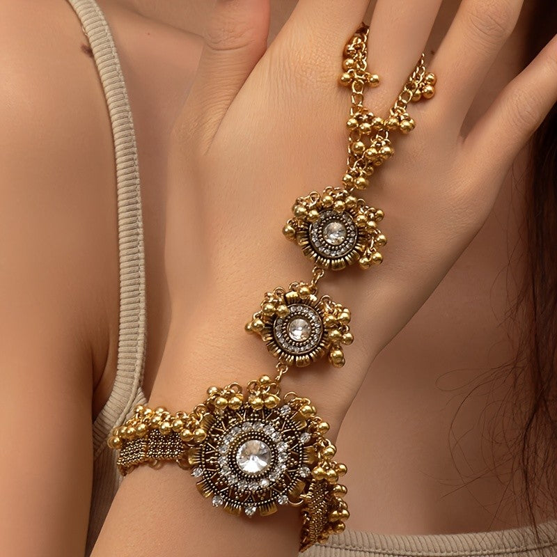 Vintage Inspired Red Flower Faux Pearl Finger Bracelet