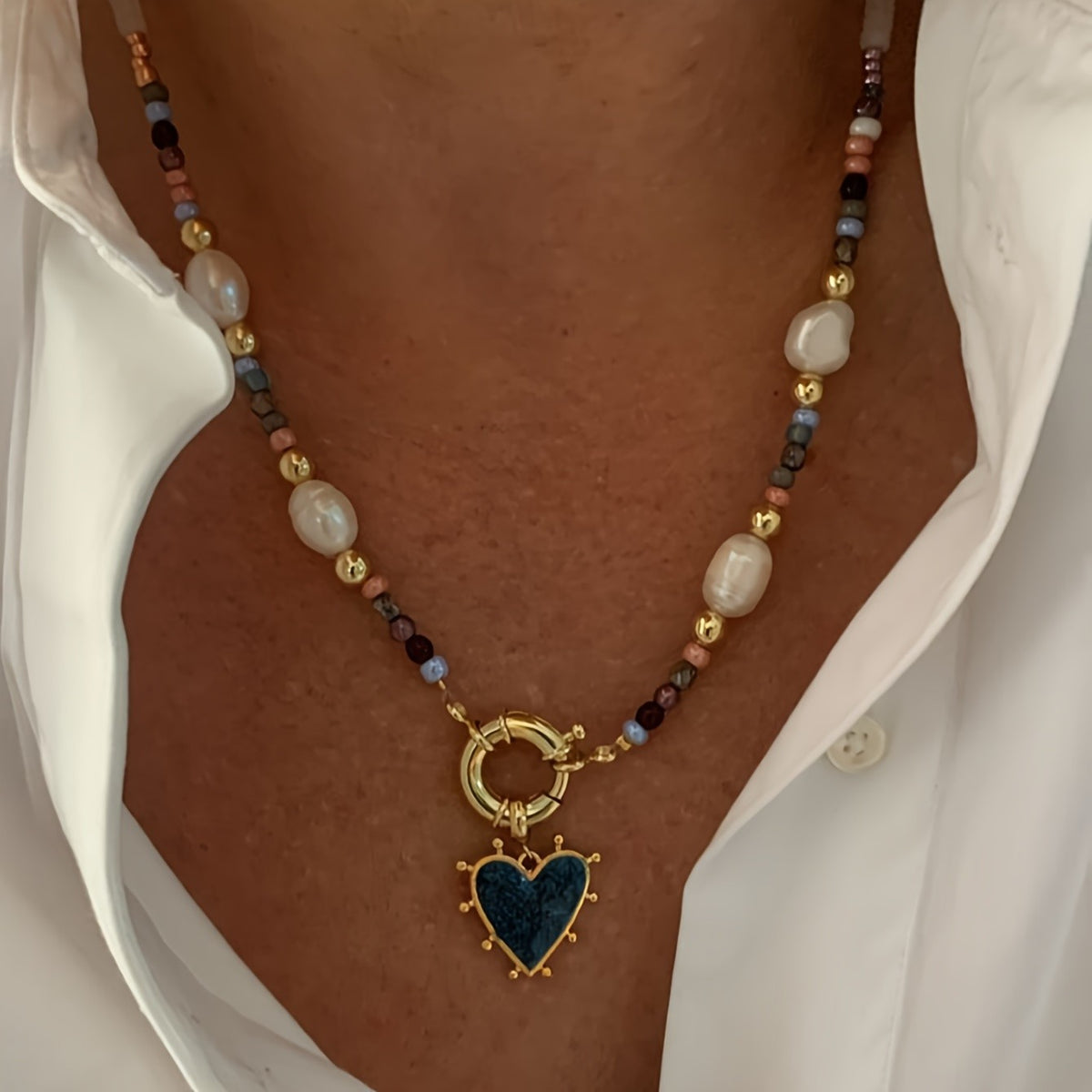 Boho Multicolor Bead Heart Necklace