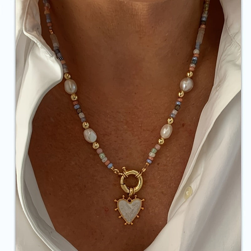 Boho Multicolor Bead Heart Necklace