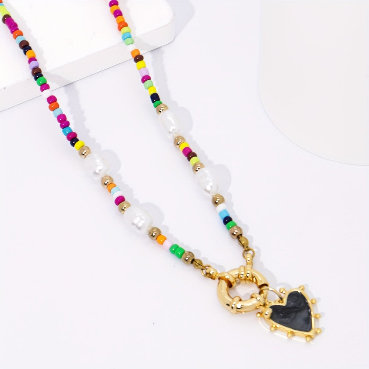 Boho Multicolor Bead Heart Necklace