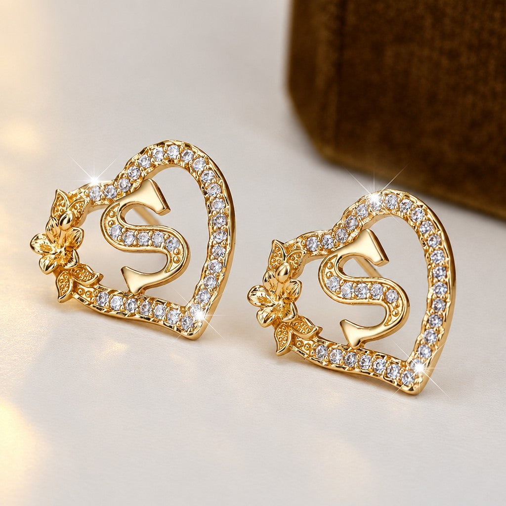 Elegant Heart Initial Zircon Earrings