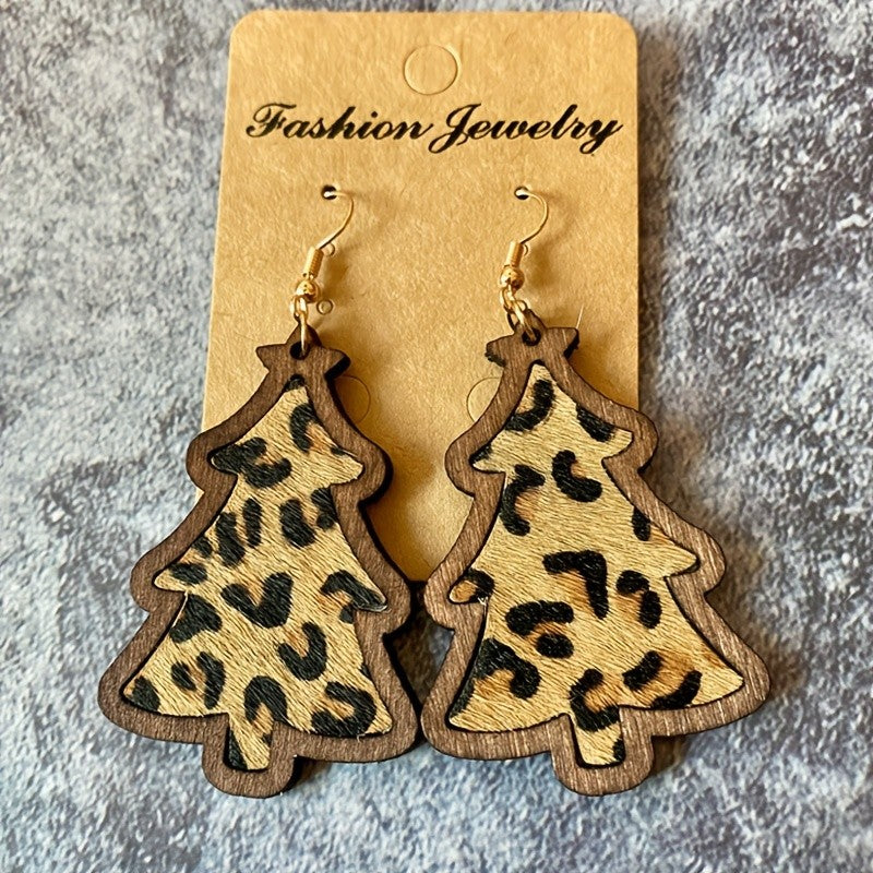 Boho Wooden Christmas Tree Earrings