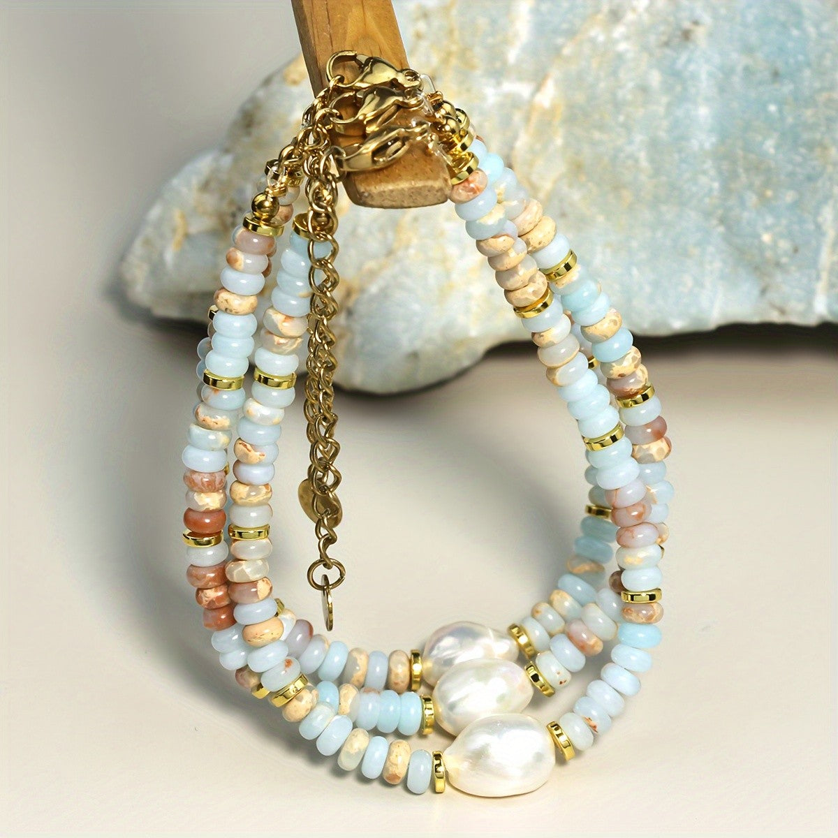 Dainty Layered Stone & Pearl Bracelet Set