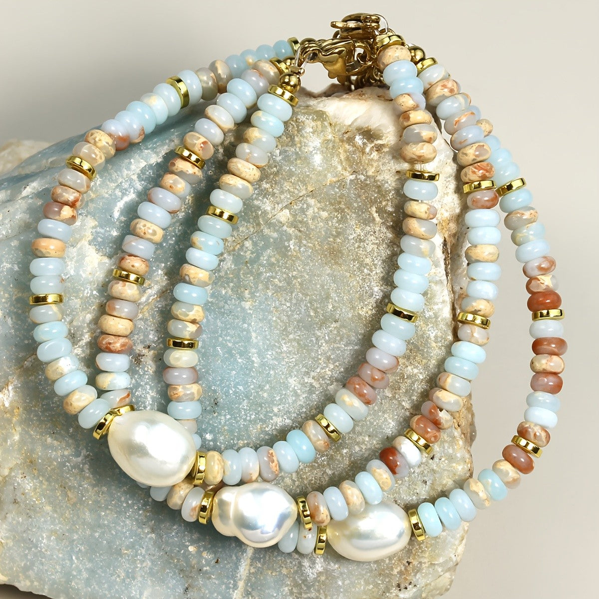 Dainty Layered Stone & Pearl Bracelet Set