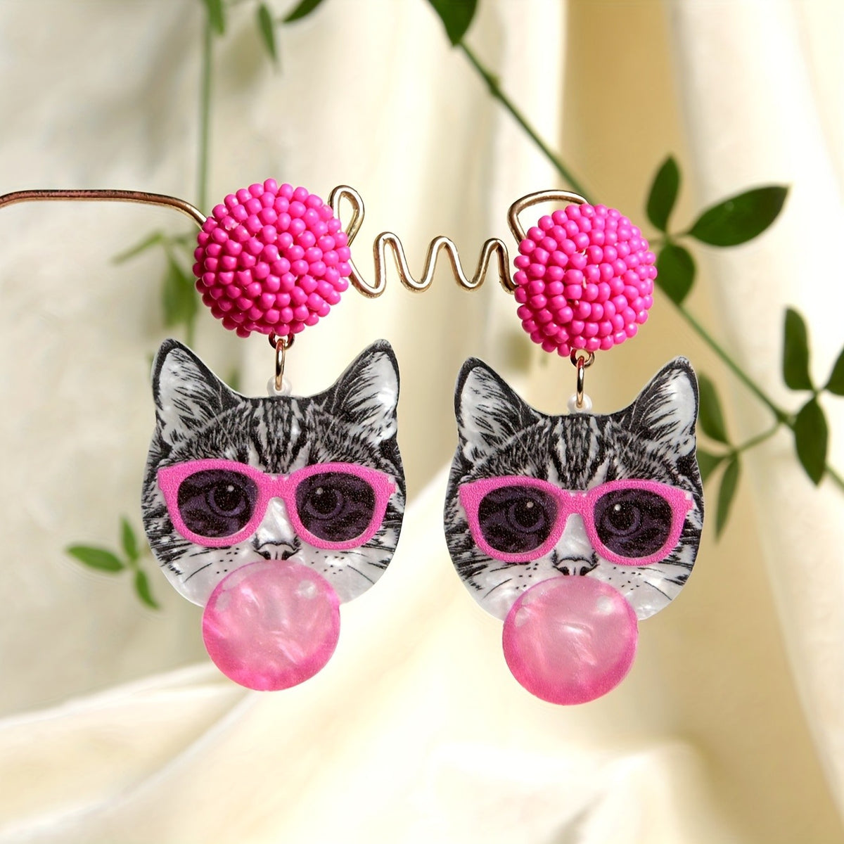 14k Cute Cat Bubblegum Earrings