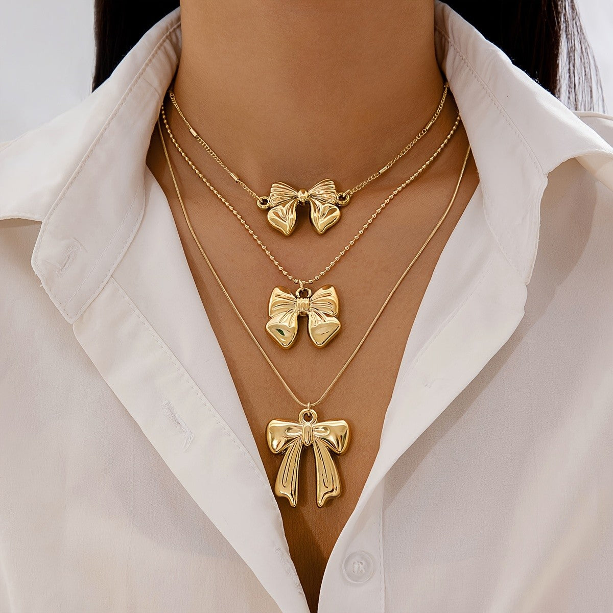 Romantic Layered Bow Pendant Necklace