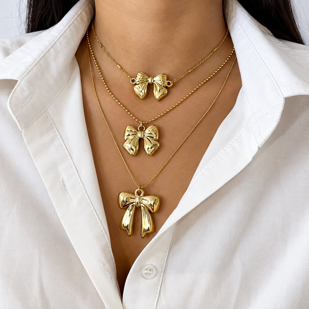 Romantic Layered Bow Pendant Necklace