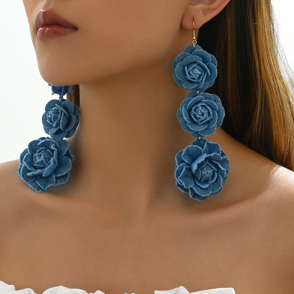 Romantic Blue Fabric Rose Drop Earrings