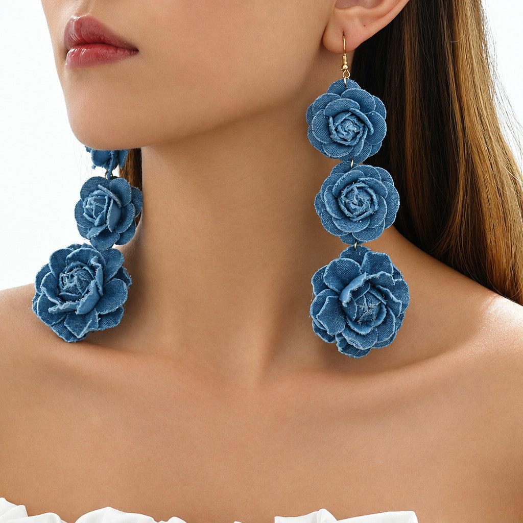 Romantic Blue Fabric Rose Drop Earrings