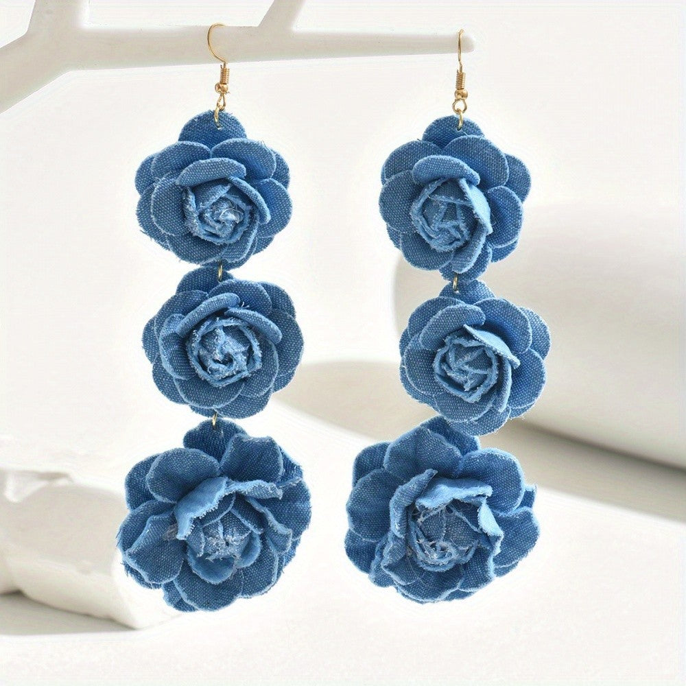 Romantic Blue Fabric Rose Drop Earrings