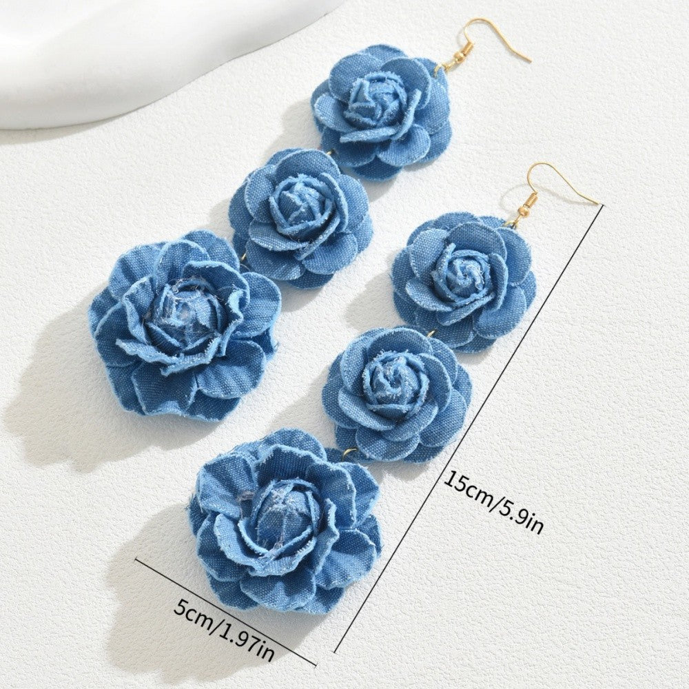 Romantic Blue Fabric Rose Drop Earrings